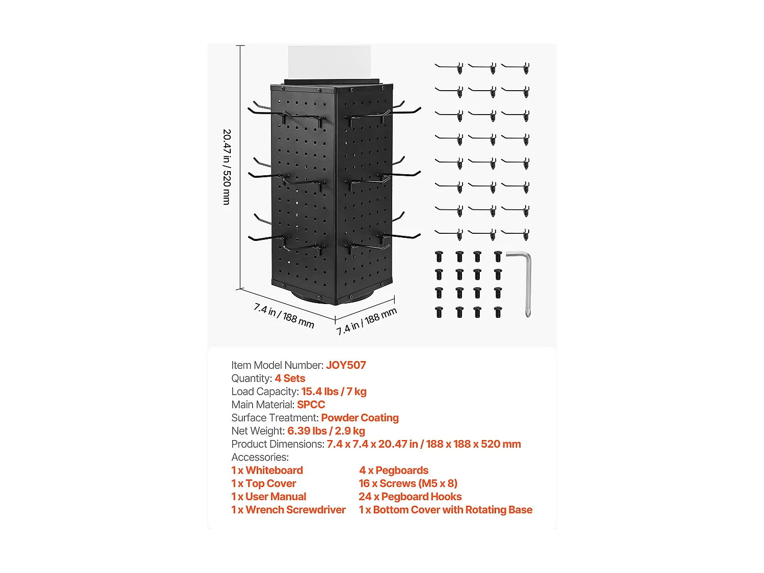 Présentoir Panneaux Perforés Rotatif SucceBuy, 18,8 x 18,8 x 52 cm, 4 Côtés, Avec 24 Crochets, Panneau Perforé de Rangement Acier Laminé à Froid Épais