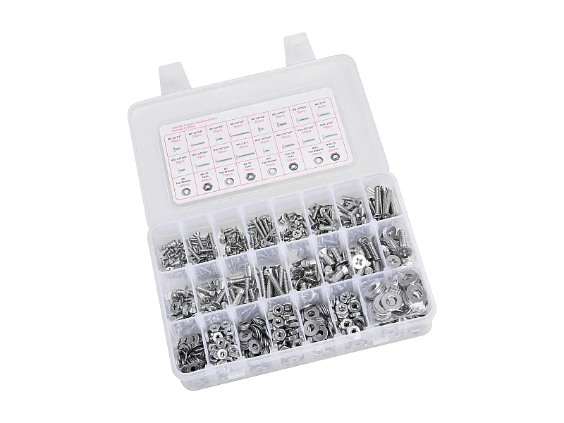 Kit Boulons et Écrous SucceBuy, 720 PCS, Vis de Machine et Rondelles Plates, Impériaux, Acier Inoxydable, Plusieurs Tailles 6-32, 8-32, 10-24, 1/4-20