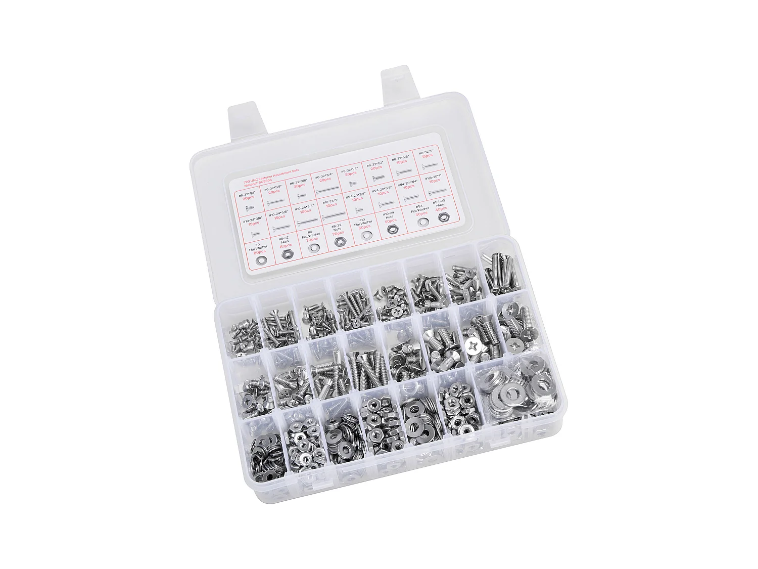 Kit Boulons et Écrous SucceBuy, 720 PCS, Vis de Machine et Rondelles Plates, Impériaux, Acier Inoxydable, Plusieurs Tailles 6-32, 8-32, 10-24, 1/4-20