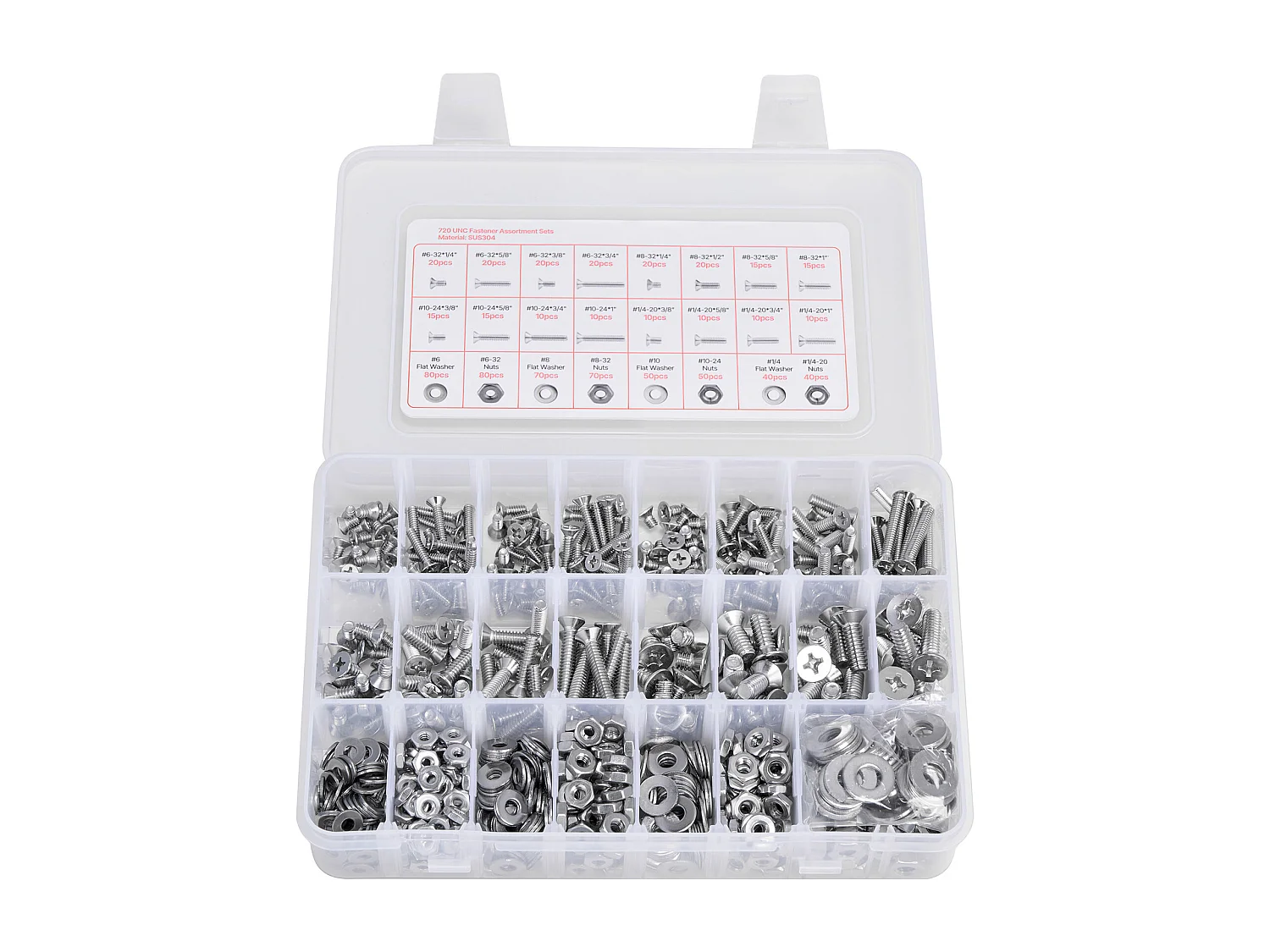 Kit Boulons et Écrous SucceBuy, 720 PCS, Vis de Machine et Rondelles Plates, Impériaux, Acier Inoxydable, Plusieurs Tailles 6-32, 8-32, 10-24, 1/4-20