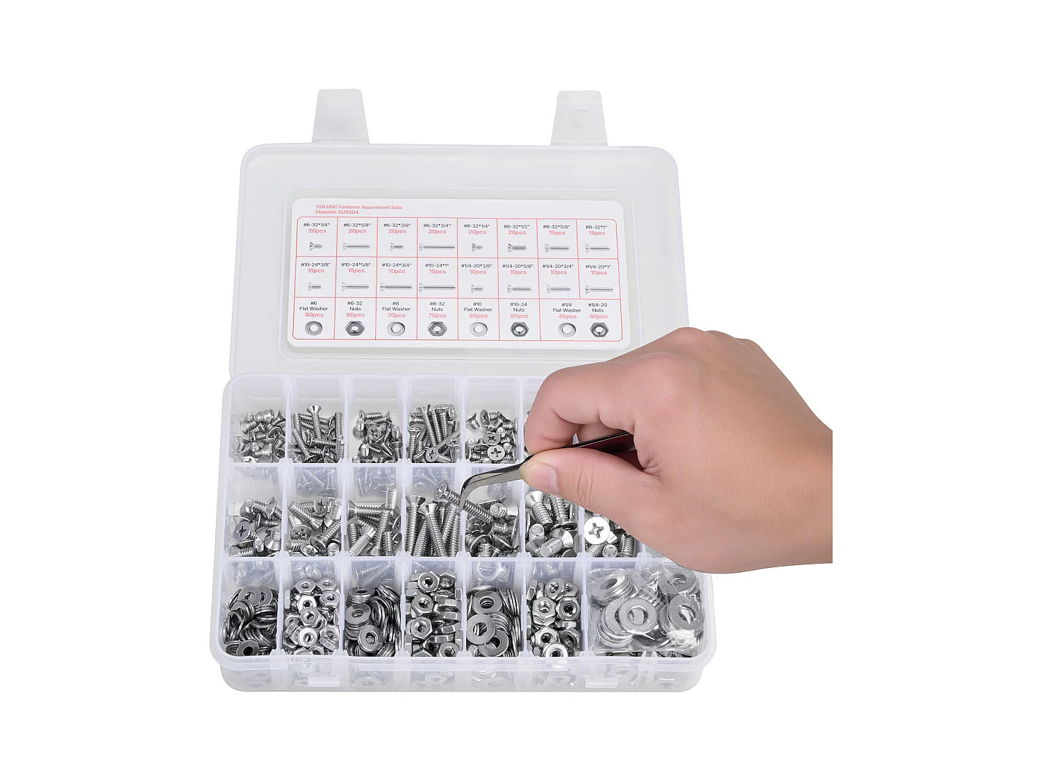 Kit Boulons et Écrous SucceBuy, 720 PCS, Vis de Machine et Rondelles Plates, Impériaux, Acier Inoxydable, Plusieurs Tailles 6-32, 8-32, 10-24, 1/4-20