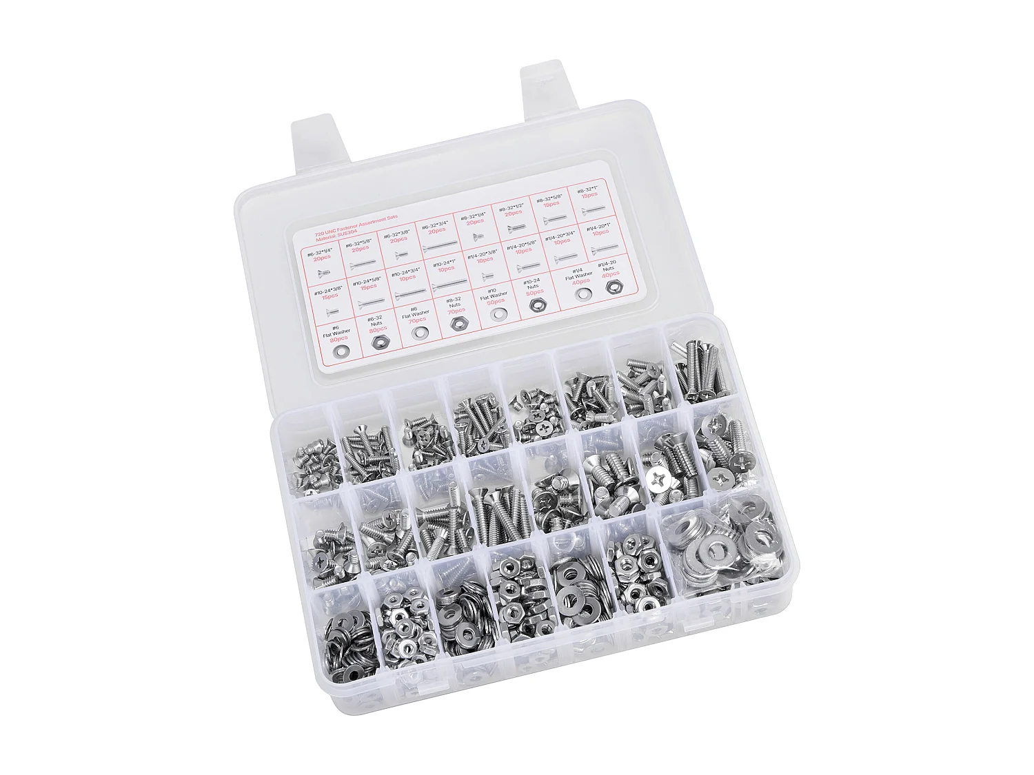 Kit de Tornillos y Tuercas SucceBuy, 720 PCS, Tornillos de Máquina y Arandelas Planas, Imperiales, Acero Inoxidable, Múltiples Tamaños 6-32, 8-32, 10-24, 1/4-20