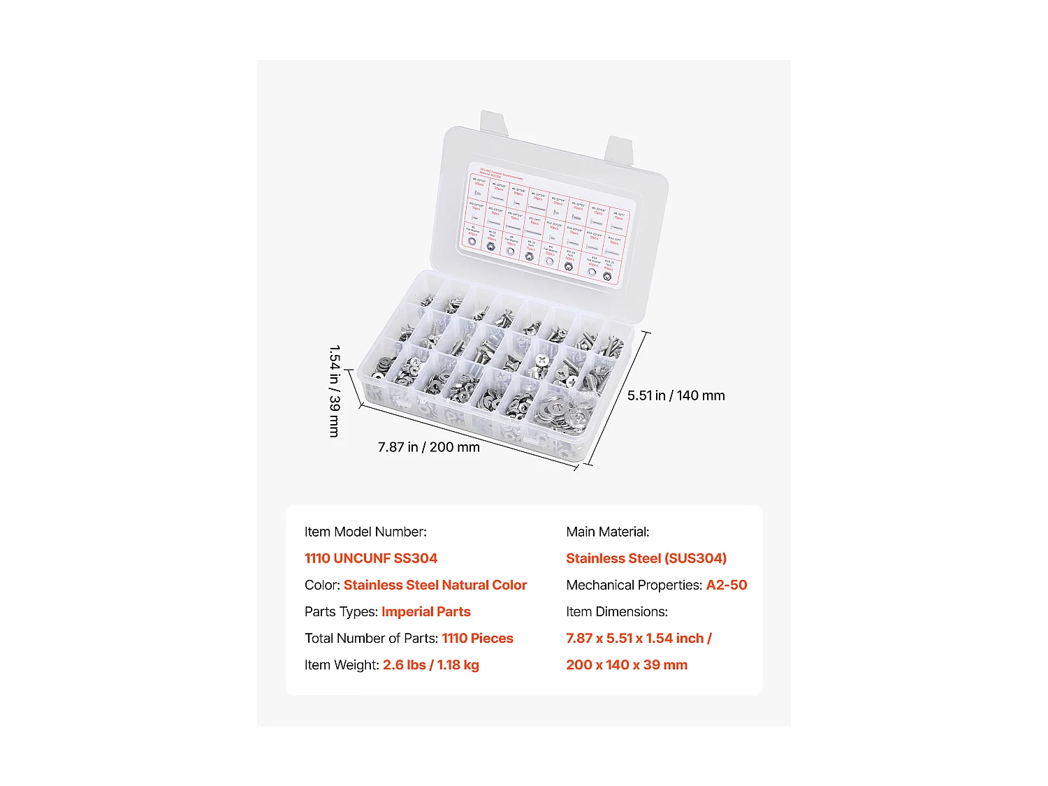 Kit de Tornillos y Tuercas SucceBuy, 720 PCS, Tornillos de Máquina y Arandelas Planas, Imperiales, Acero Inoxidable, Múltiples Tamaños 6-32, 8-32, 10-24, 1/4-20