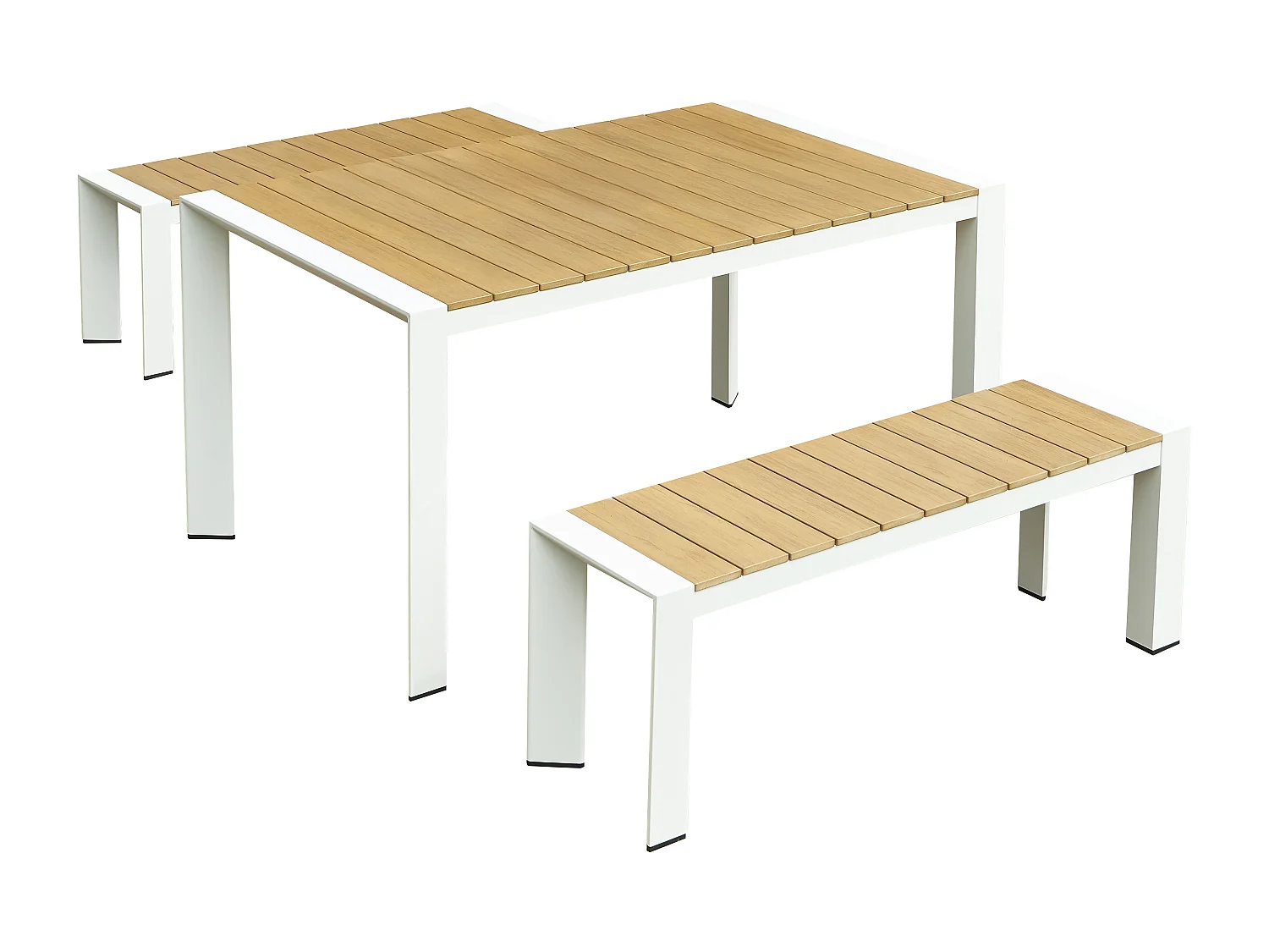 Salle à manger de jardin en aluminium : une table L.150 cm et 2 bancs - Naturel clair et blanc - NYROS de MYLIA
