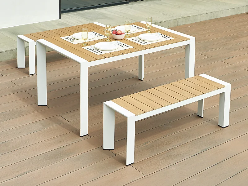 Sala da pranzo da giardino in alluminio: un tavolo L.150 cm e 2 panche Naturale chiaro e bianco - NYROS di MYLIA