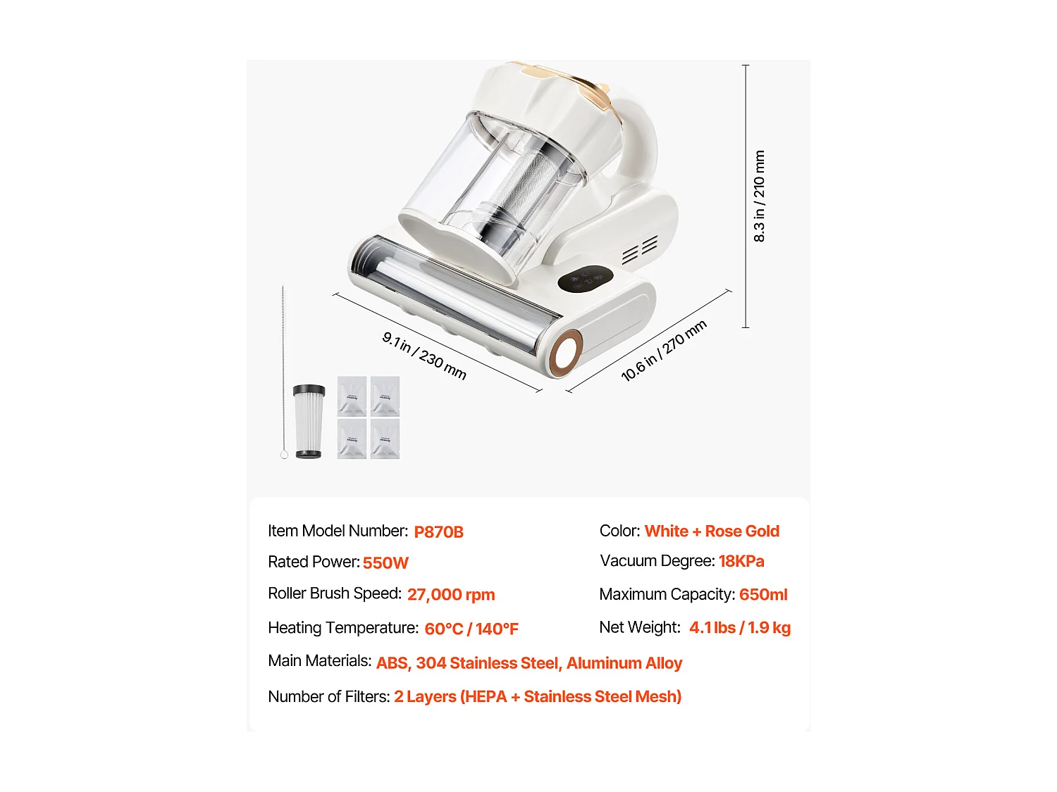 Mijtenstofzuiger voor Matrassen SucceBuy 550 W, Handstofzuiger voor Bed met Krachtige Zuigkracht 18 kPa, Dubbele Stofbak, HEPA-filter en Verwarming