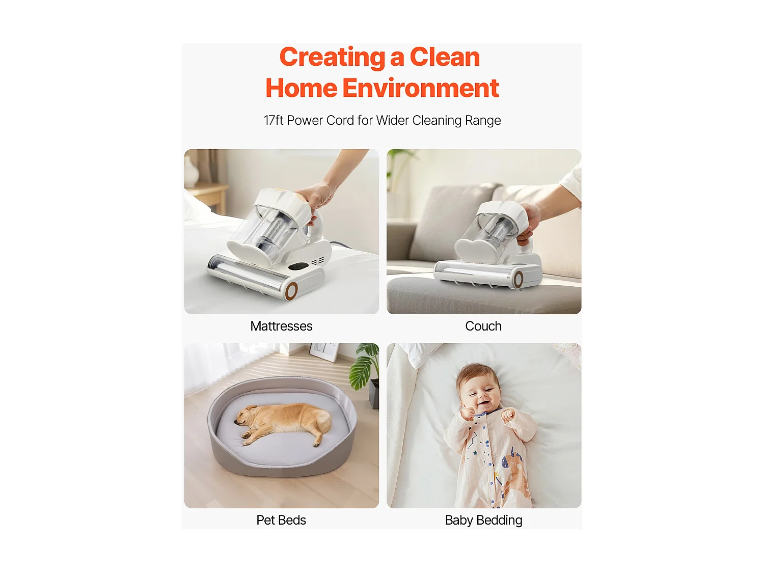 Mijtenstofzuiger voor Matrassen SucceBuy 550 W, Handstofzuiger voor Bed met Krachtige Zuigkracht 18 kPa, Dubbele Stofbak, HEPA-filter en Verwarming