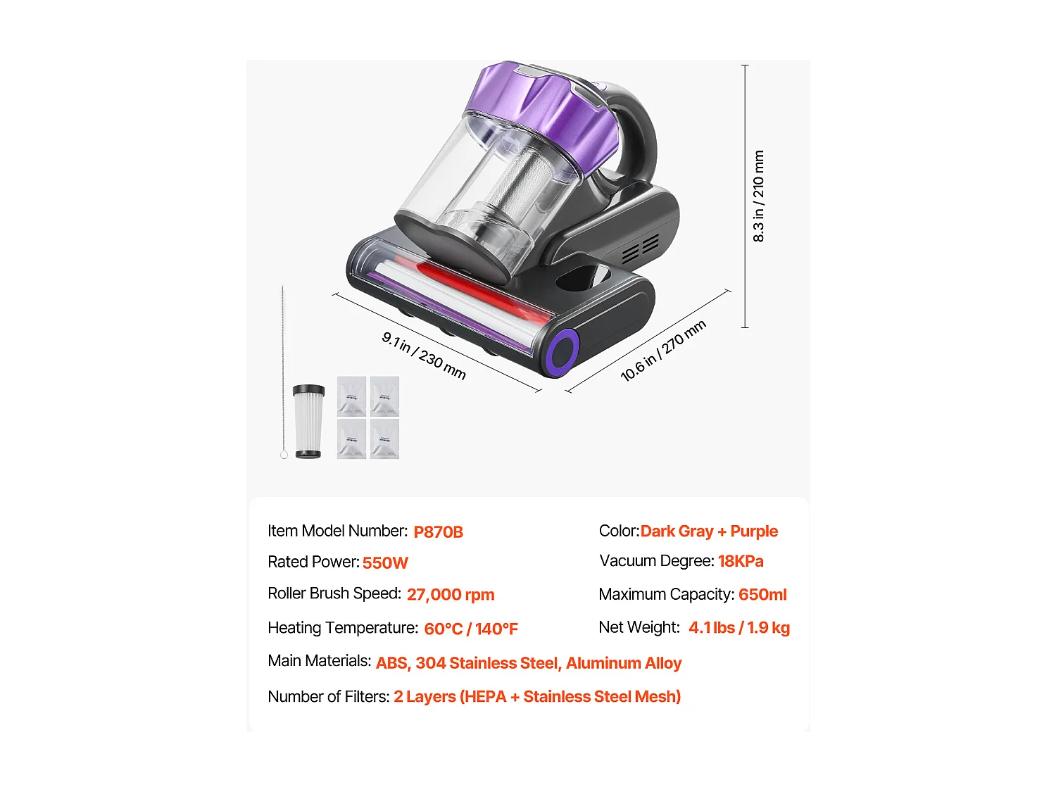 Aspirapolvere per Materassi Antiacaro SucceBuy 550 W, Aspirapolvere a Mano con Aspirazione Potente 18 kPa, Doppio Serbatoio Polvere, Filtro HEPA e Riscaldamento