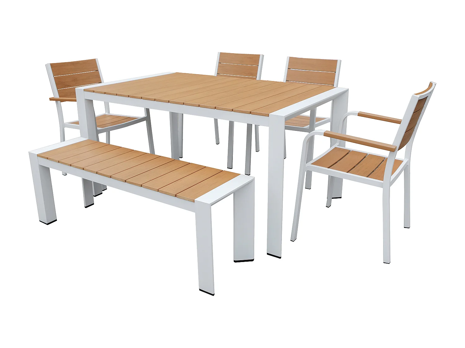 Salle à manger de jardin en aluminium : une table L.150 cm, 4 fauteuils et 1 banc - Naturel clair et blanc - NYROS de MYLIA