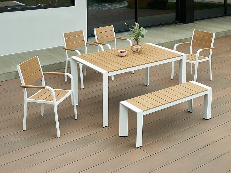 Sala da pranzo da giardino in alluminio: un tavolo L.150 cm, 4 poltrone e 1 panca Naturale chiaro e bianco - NYROS di MYLIA
