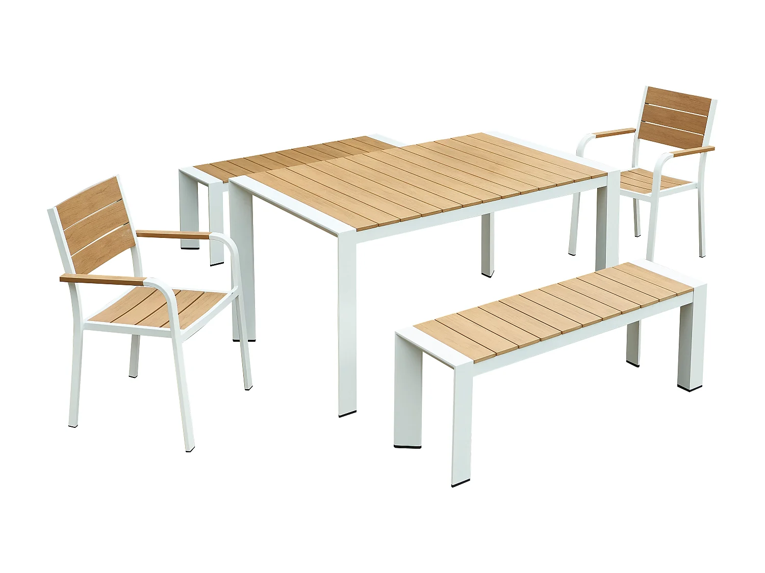 Salle à manger de jardin en aluminium : une table L.150 cm, 2 fauteuils et 2 bancs - Naturel clair et blanc - NYROS de MYLIA