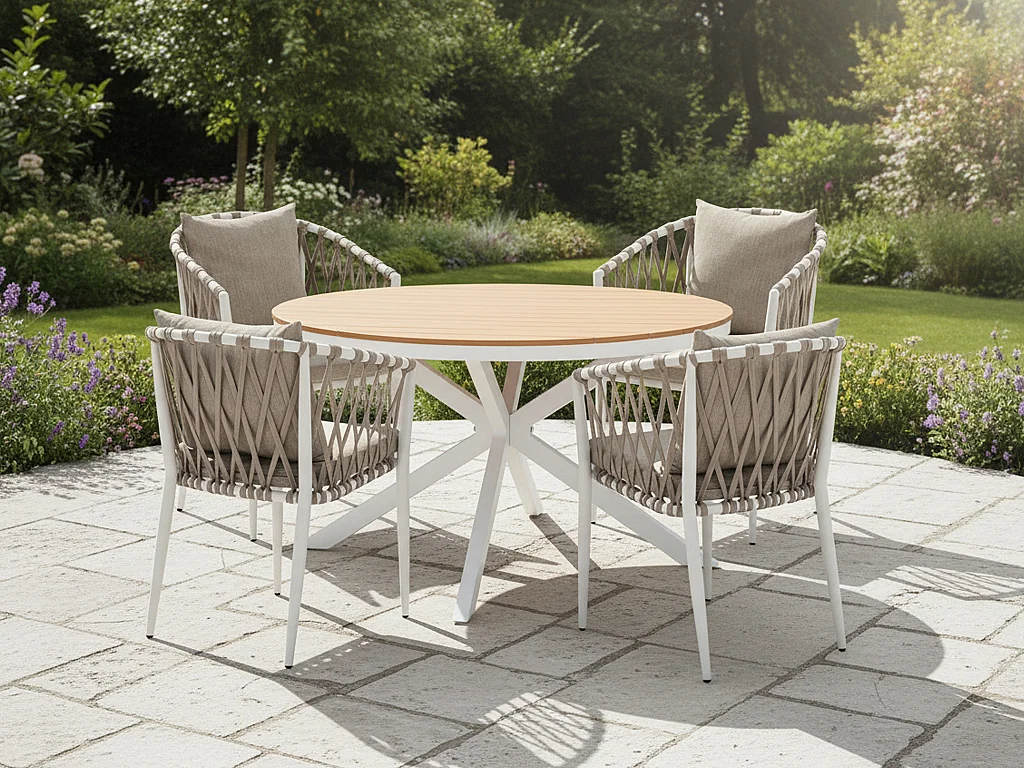 Salle à manger de jardin en aluminium et corde tressée : la table ronde D.125 cm et 4 fauteuils - Naturel clair et blanc - MISSO de MYLIA