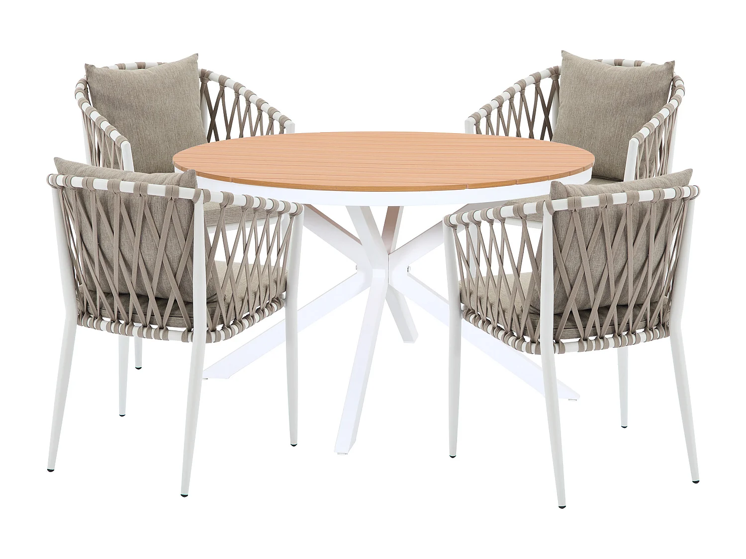 Salle à manger de jardin en aluminium et corde tressée : la table ronde D.125 cm et 4 fauteuils - Naturel clair et blanc - MISSO de MYLIA
