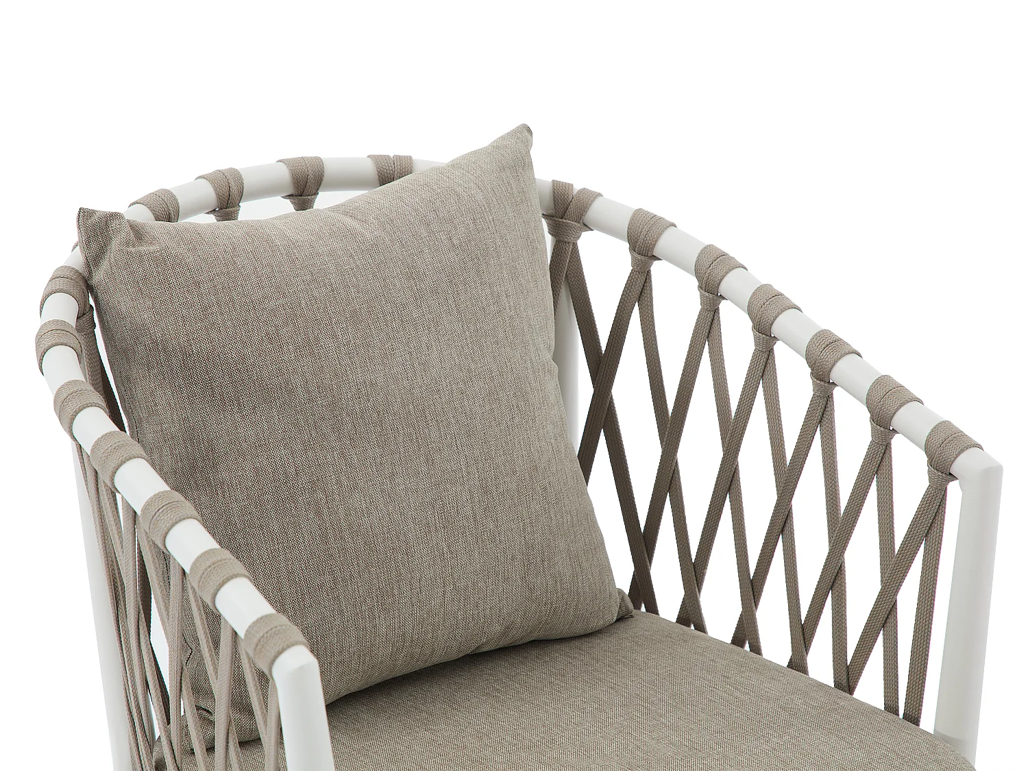 Salle à manger de jardin en aluminium et corde tressée : la table ronde D.125 cm et 6 fauteuils - Naturel clair et blanc - MISSO de MYLIA