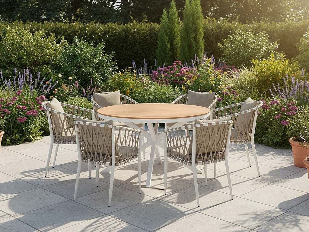 Salle à manger de jardin en aluminium et corde tressée : la table ronde D.125 cm et 6 fauteuils - Naturel clair et blanc - MISSO de MYLIA