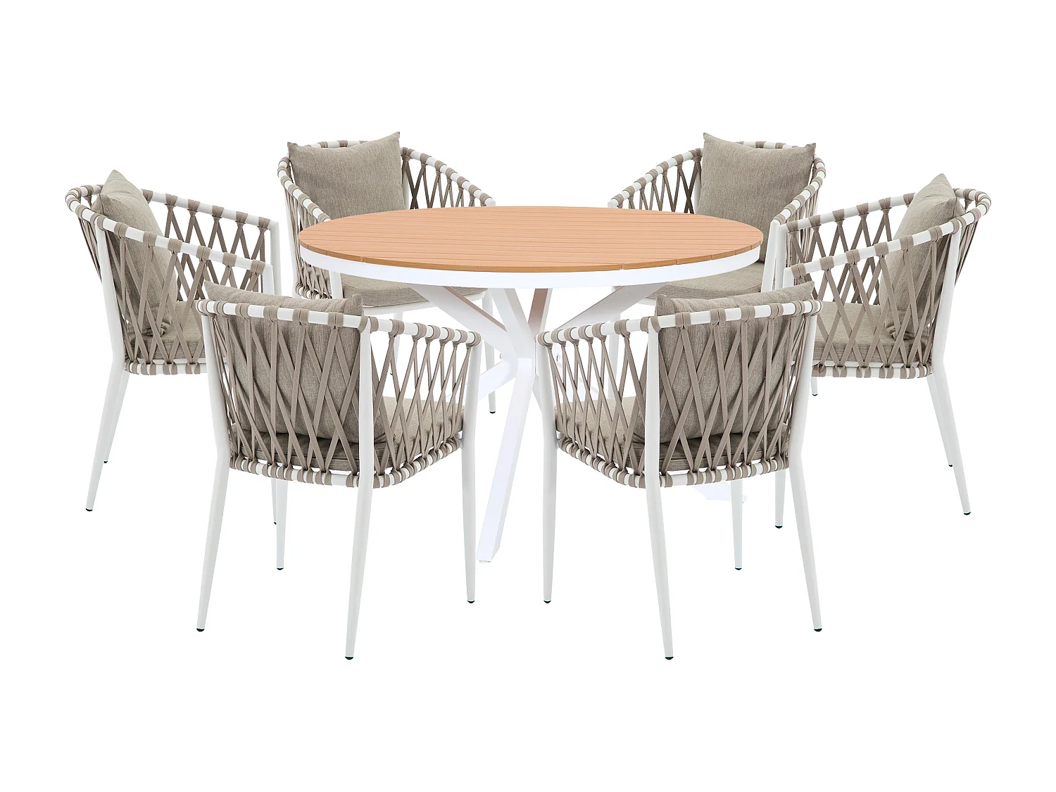 Salle à manger de jardin en aluminium et corde tressée : la table ronde D.125 cm et 6 fauteuils - Naturel clair et blanc - MISSO de MYLIA