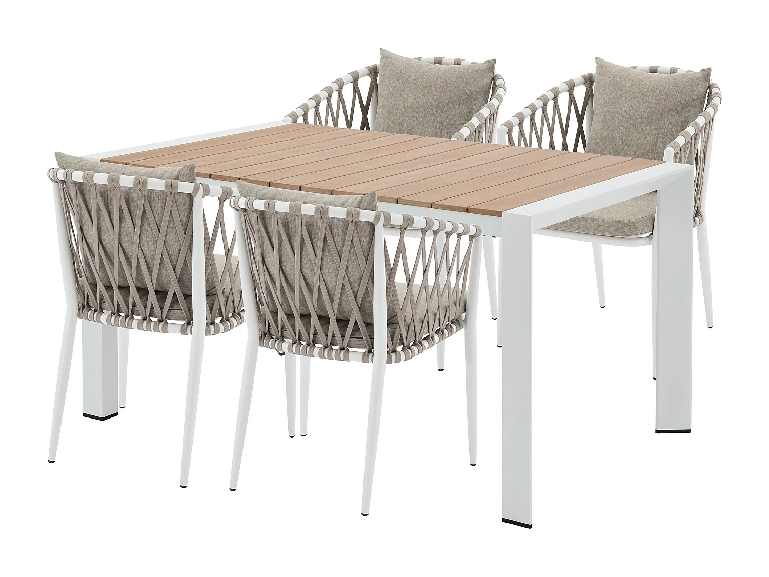 Salle à manger de jardin en aluminium et corde tressée : une table L.150 cm et 4 fauteuils - Naturel clair et blanc - MISSO de MYLIA