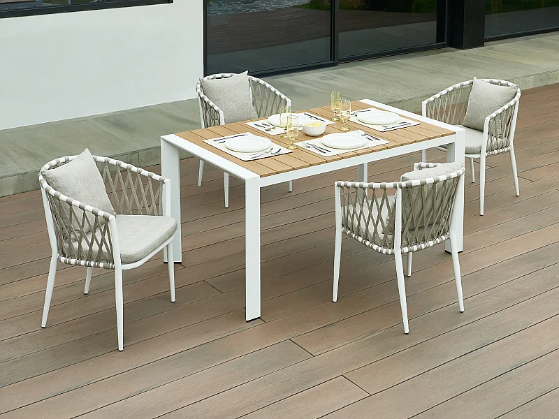 Sala da pranzo da giardino in alluminio e corda intrecciata: tavolo L.150 cm e 4 poltrone Naturale chiaro e bianco - MISSO di MYLIA