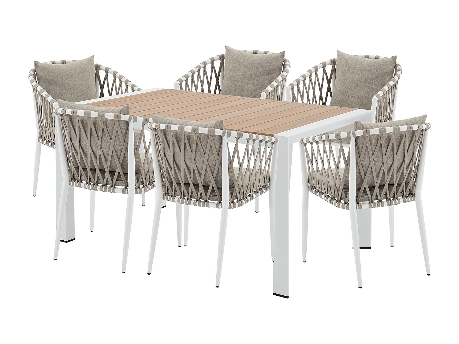 Salle à manger de jardin en aluminium et corde tressée : une table L.150 cm et 6 fauteuils - Naturel clair et blanc - MISSO de MYLIA