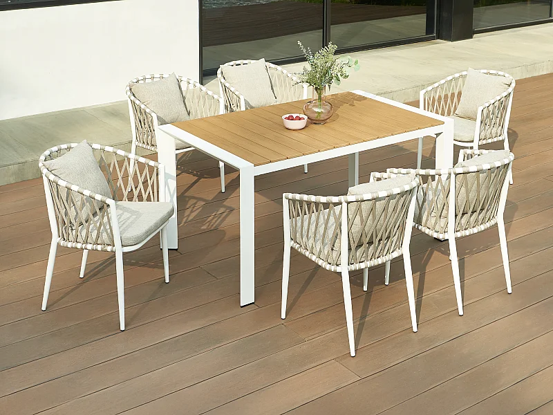 Garten-Essgruppe aus Aluminium und geflochtenem Seil: Tisch L.150 cm und 6 Sessel - Hellnaturfarben und Weiß - MISSO von MYLIA