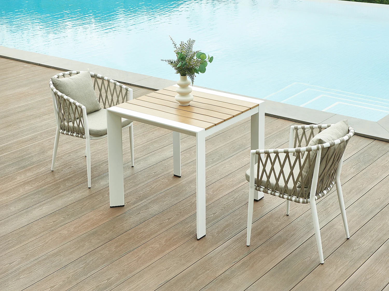 Salle à manger de jardin en aluminium et corde tressée : une table L.80 cm et 2 fauteuils - Naturel clair et blanc - MISSO de MYLIA