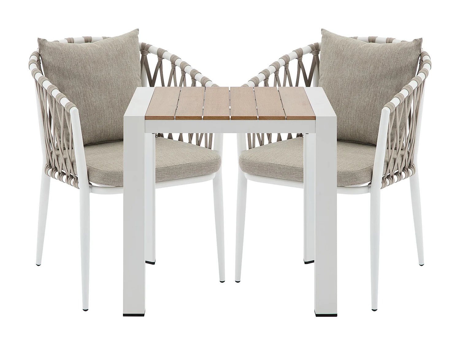 Salle à manger de jardin en aluminium et corde tressée : une table L.80 cm et 2 fauteuils - Naturel clair et blanc - MISSO de MYLIA