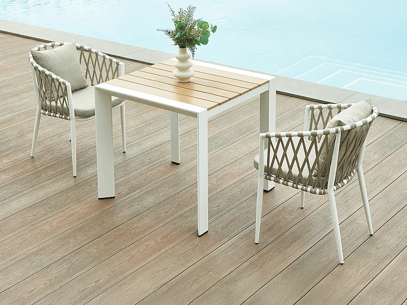 Salle à manger de jardin en aluminium et corde tressée : une table L.80 cm et 2 fauteuils - Naturel clair et blanc - MISSO de MYLIA