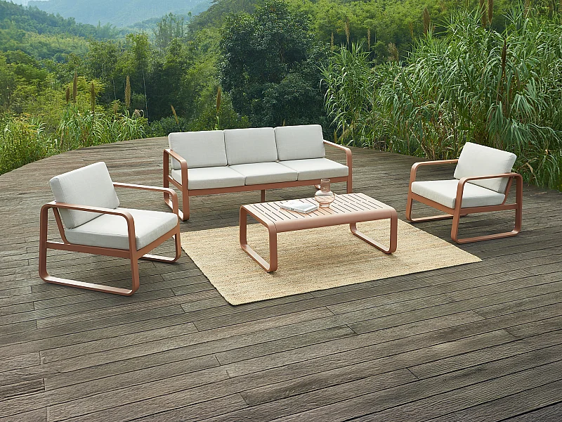 Aluminium tuinset: 1 driezitsbank, 2 fauteuils en 1 salontafel - Koperkleurig met beige kussens - LOMIA van MYLIA