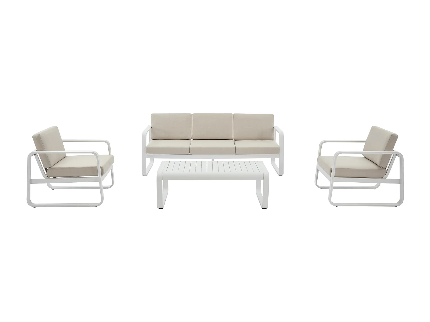 Salotto da giardino in alluminio: 1 divano 3 posti, 2 poltrone e 1 tavolino - Bianco con cuscini beige - LOMIA di MYLIA