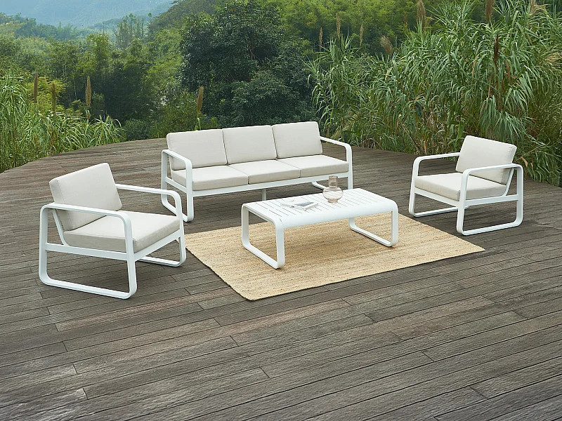Aluminium tuinset: 1 driezitsbank, 2 fauteuils en 1 salontafel - Wit met beige kussens - LOMIA van MYLIA