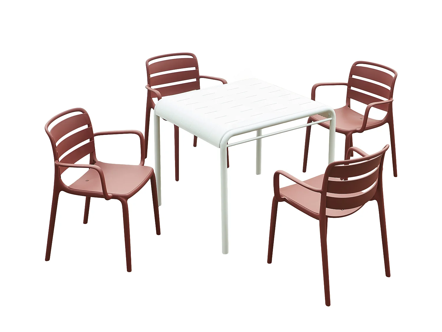 Salle à manger de jardin en polypropylène : une table L.90 cm et 4 fauteuils empilables - Terracotta - MOAH de MYLIA