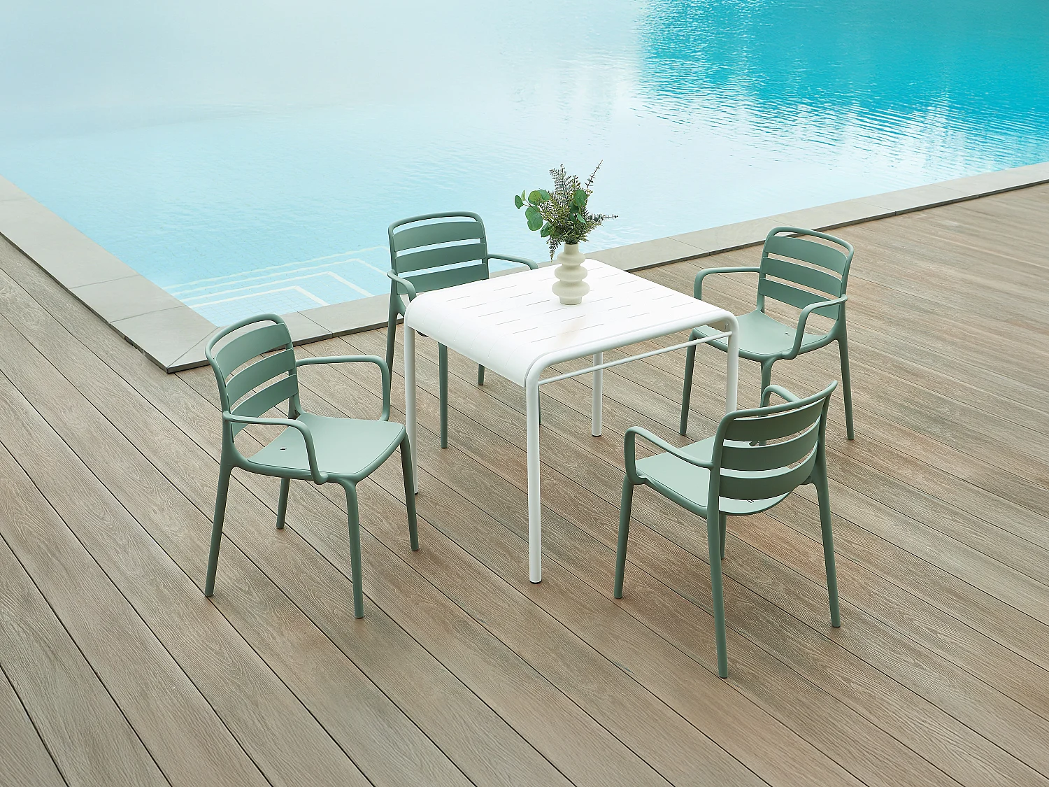 Salle à manger de jardin en polypropylène : une table L.90 cm et 4 fauteuils empilables - Kaki - MOAH de MYLIA