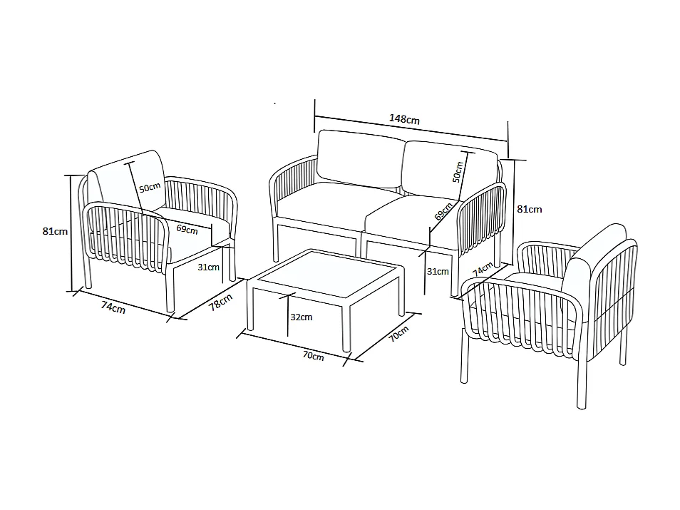 Tuinmeubelset van polypropyleen: 1 tweezitsbank, 2 fauteuils en een salontafel - Antraciet - CASILMA van MYLIA