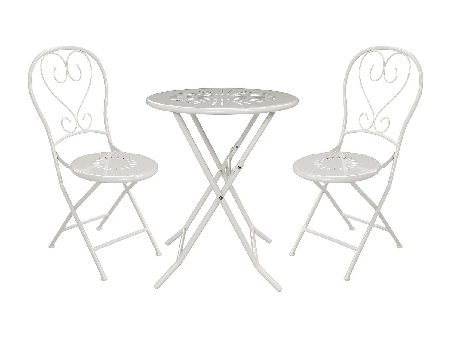 Sala da pranzo da giardino pieghevole in metallo effetto ferro battuto: un tavolo D.60 cm e 2 sedie - Bianco - GUERMANTES di MYLIA