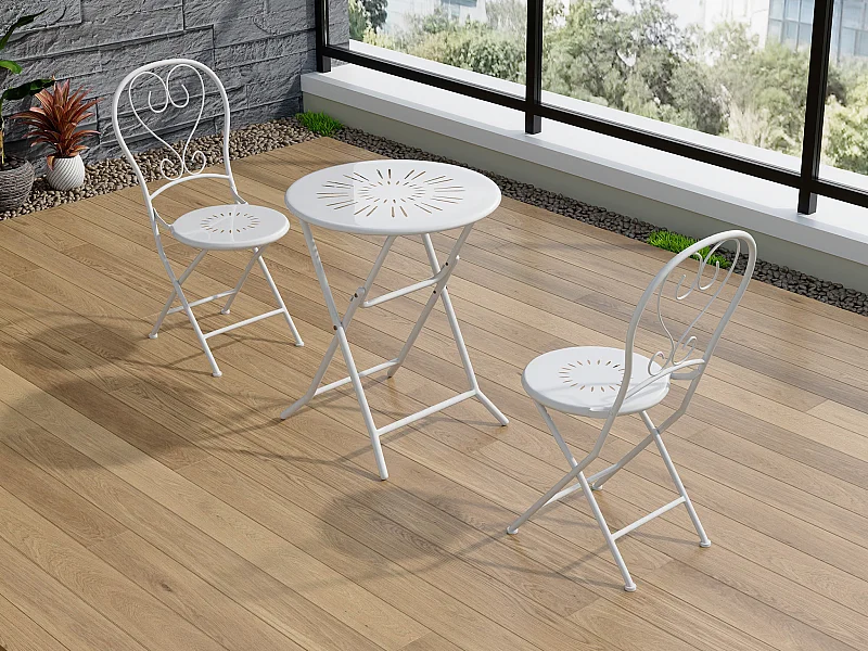 Garten-Essgruppe klappbar: Tisch D. 60 cm + 2 Stühle - Metall in Eisenoptik - Weiß - GUERMANTES von MYLIA