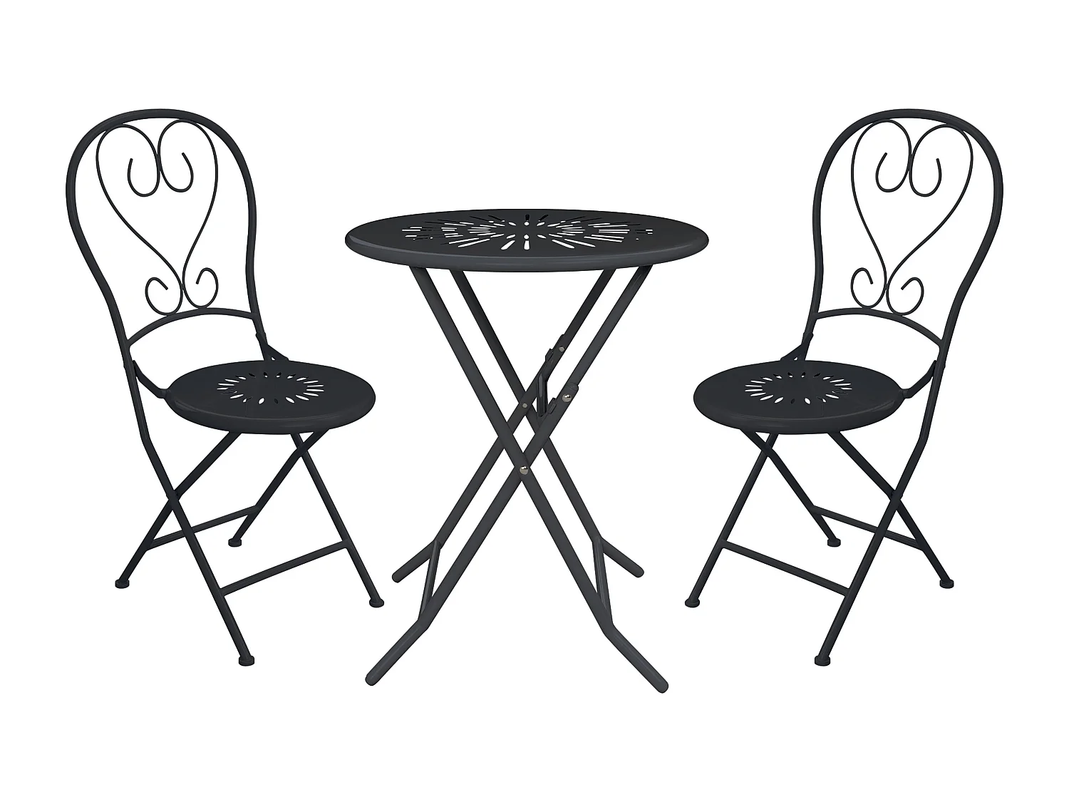 Sala da pranzo da giardino pieghevole in metallo effetto ferro battuto: un tavolo D.60 cm e 2 sedie - Antracite - GUERMANTES di MYLIA