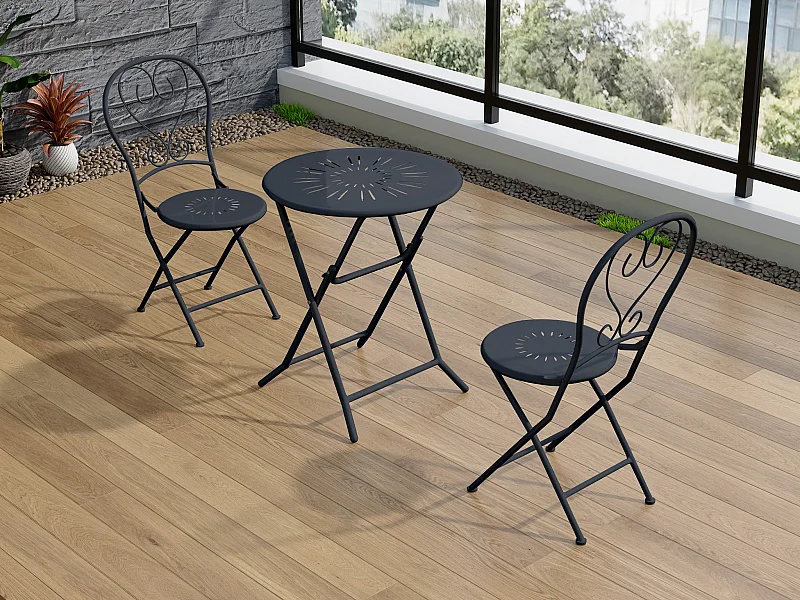 Garten-Essgruppe klappbar: Tisch D. 60 cm + 2 Stühle - Metall in Eisenoptik - Anthrazit - GUERMANTES von MYLIA