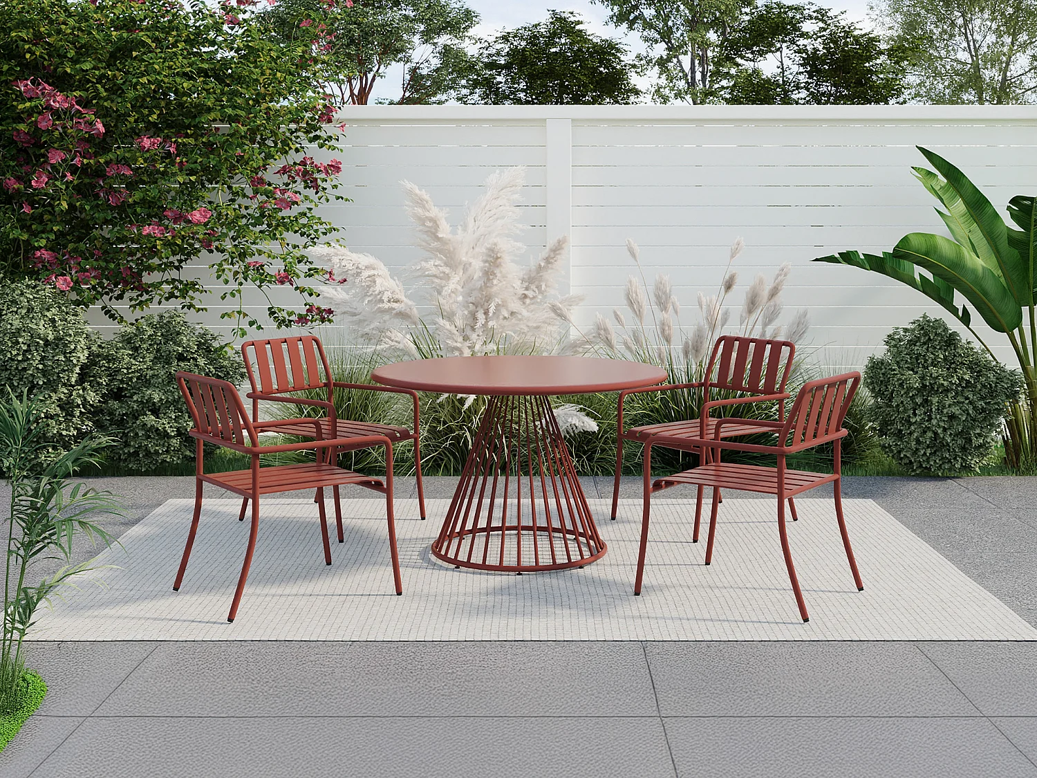 Salle à manger de jardin en métal : la table D.120 cm et 4 fauteuils empilables - Terracotta - BIRMOS de MYLIA