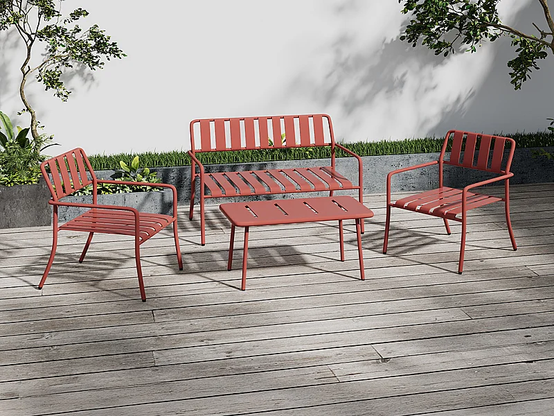 Metalen tuinset: een bank, 2 lage stoelen en een salontafel - Terracotta - BIRMOS van MYLIA
