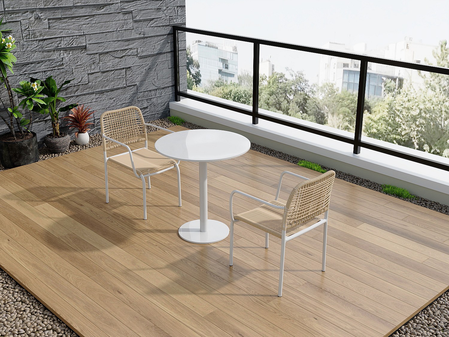 Vente-unique Garten-Essgruppe Aus Metall & Geflochtener Resin, 1 Tisch D.60 Cm + 2 Stapelbare Stühle – Beige – Niou Von Mylia