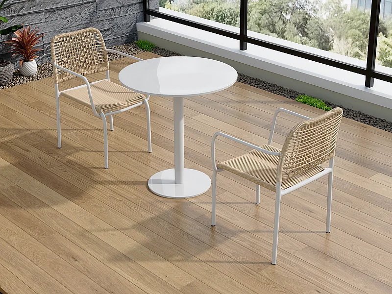 Garten-Essgruppe aus Metall & geflochtener Resin: 1 Tisch D.60 cm + 2 stapelbare Stühle – Beige – NIOU von MYLIA