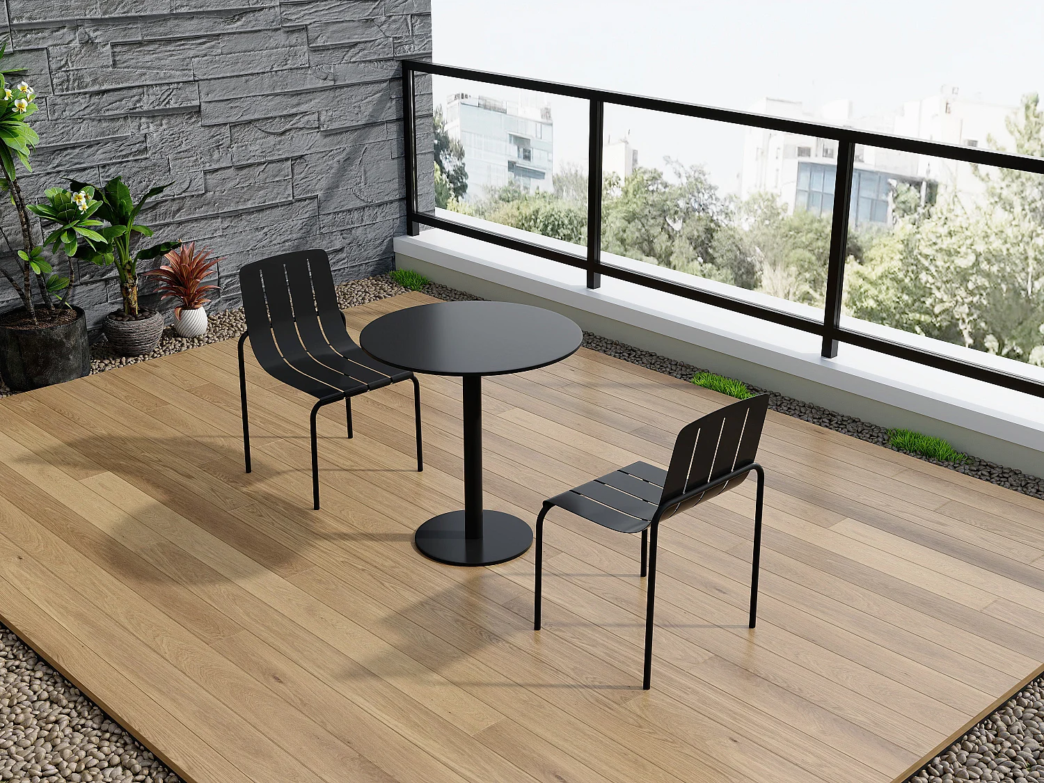 Sala da pranzo da giardino in metallo: un tavolo D.60 cm e 2 sedie impilabili - Nero - BALVORA di MYLIA