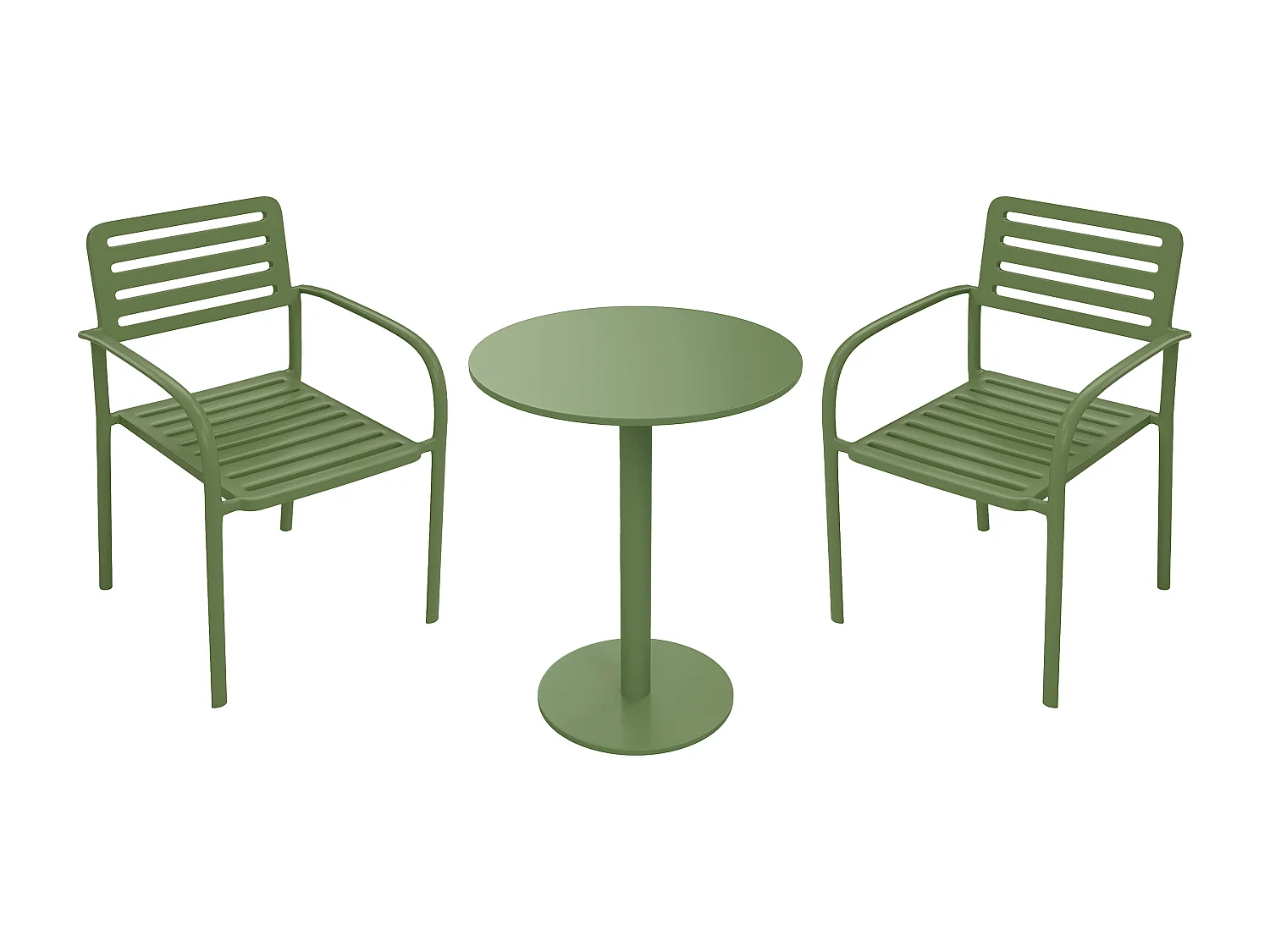 Salle à manger de jardin en métal : une table D.60 cm et 2 fauteuils empilables - Vert - NILY de MYLIA
