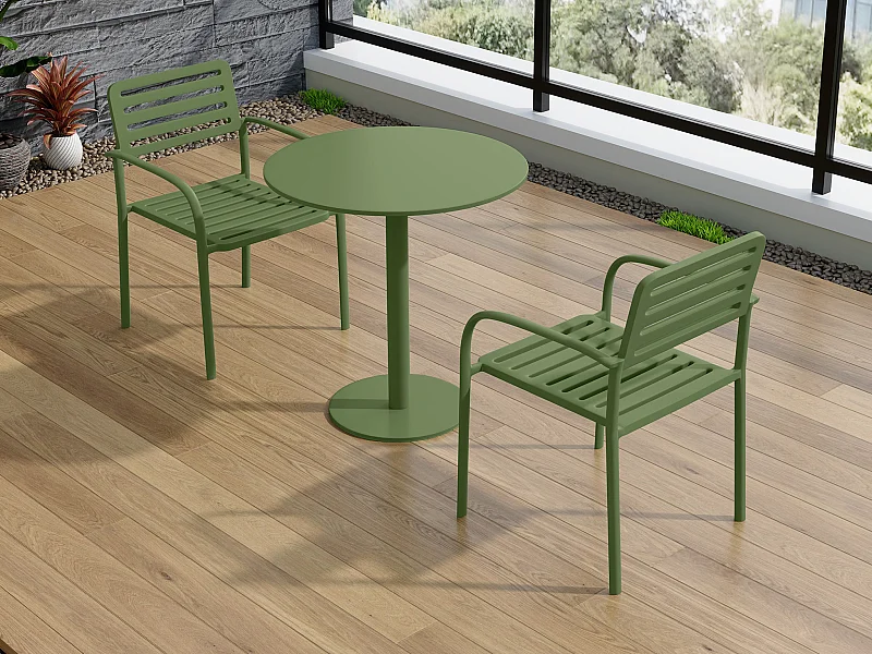 Garten-Essgruppe aus Metall: 1 Tisch D.60 cm und 2 stapelbare Sessel – Grün – NILY von MYLIA