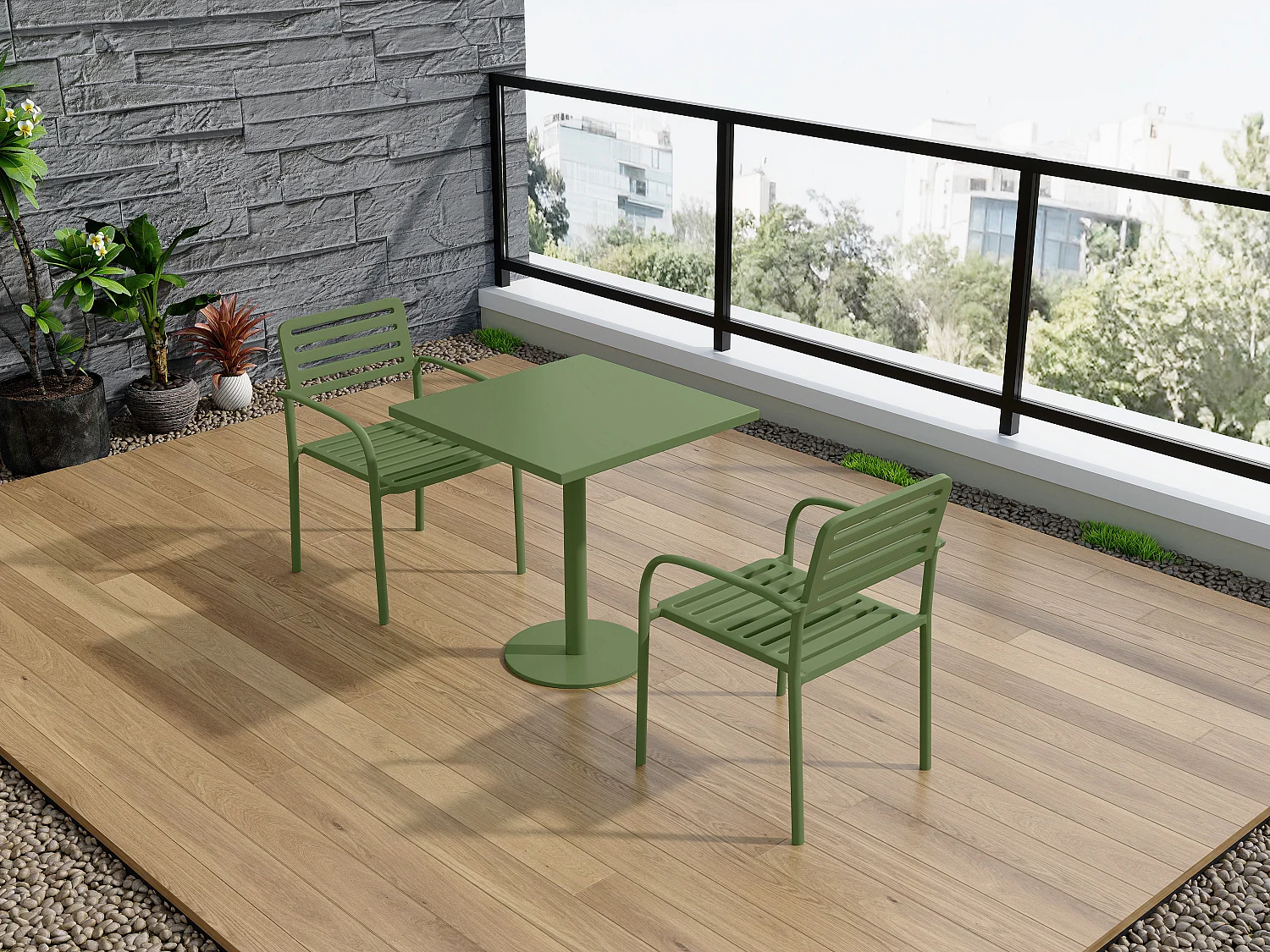Salle à manger de jardin en métal : une table L.70 cm et 2 fauteuils empilables - Vert - NILY de MYLIA