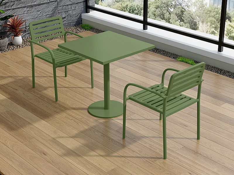 Metalen tuineetset: tafel B.70 cm en 2 stapelbare fauteuils - Groen - NILY van MYLIA