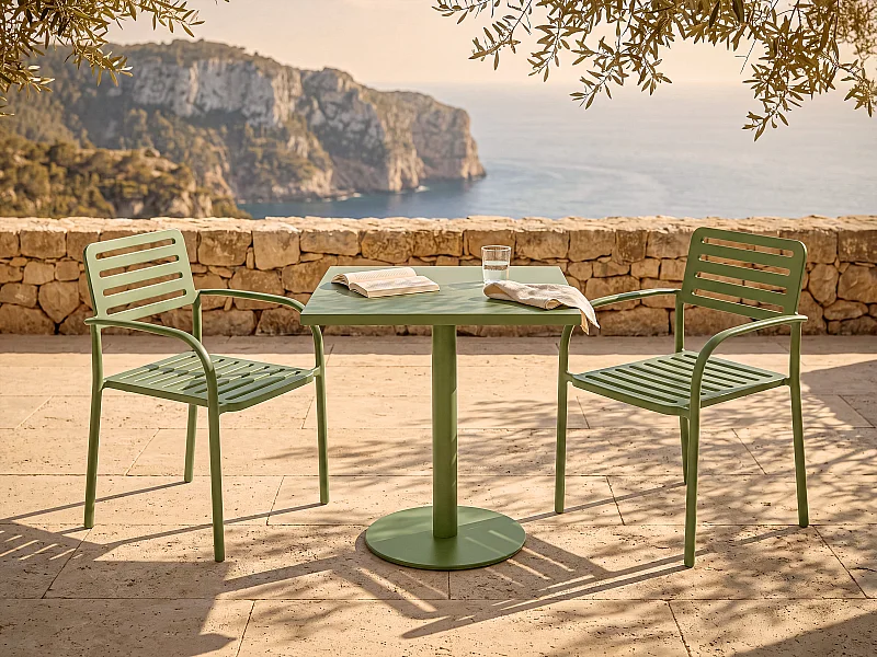 Metal garden dining set: a W.70 cm table and 2 stackable armchairs - Green - NILY by MYLIA