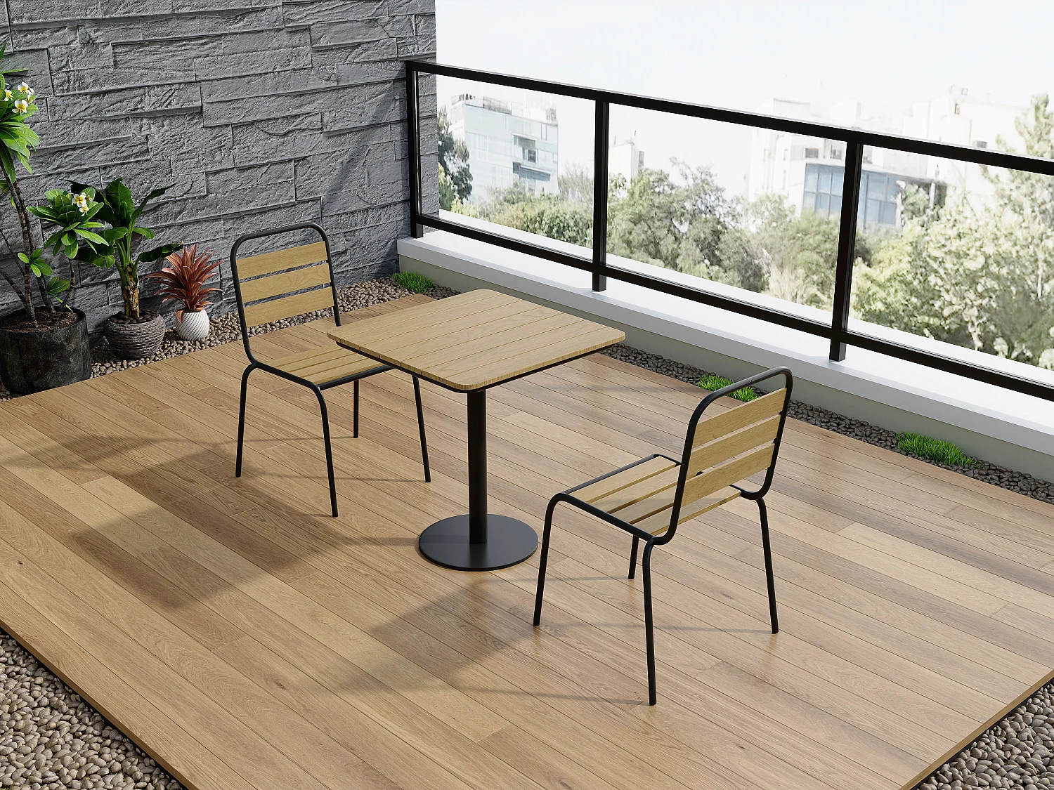 Garten-Essgruppe: Tisch L.70 cm + 2 stapelbare Stühle - Polywood & Metall - Schwarz - LYLIOS de MYLIA