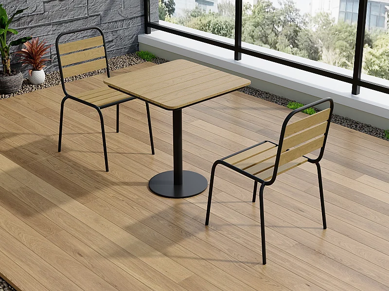 Tuineetset van polywood en metaal: een tafel B.70 cm en 2 stapelbare stoelen - Zwart - LYLIOS van MYLIA