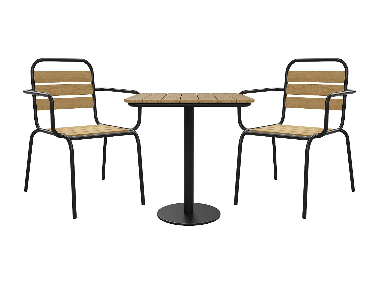 Garten-Essgruppe: Tisch L.70 cm + 2 stapelbare Sessel - Polywood & Metall - Schwarz - LYLIOS de MYLIA